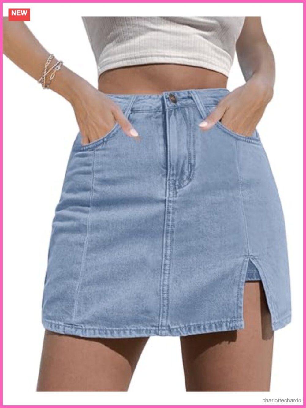 High Waisted Stretchy Denim Skort Mini Skirt Side Slit Pockets Casual